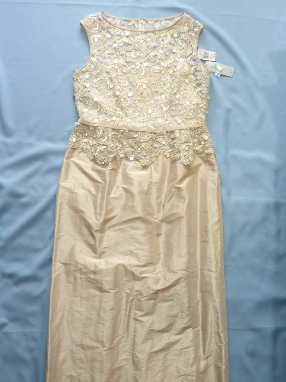 TERI JON 18 lovely CHAMPAGE TAFFETA ILLUSION LACE SHEATH GOWN Mob Dress NWT - Picture 5 of 8